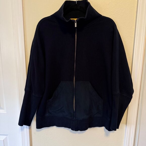 ST. JOHN Front Zip High Collar Cotton Knit Datk Navy Cardigan Front Pockets Sz L - Picture 1 of 6
